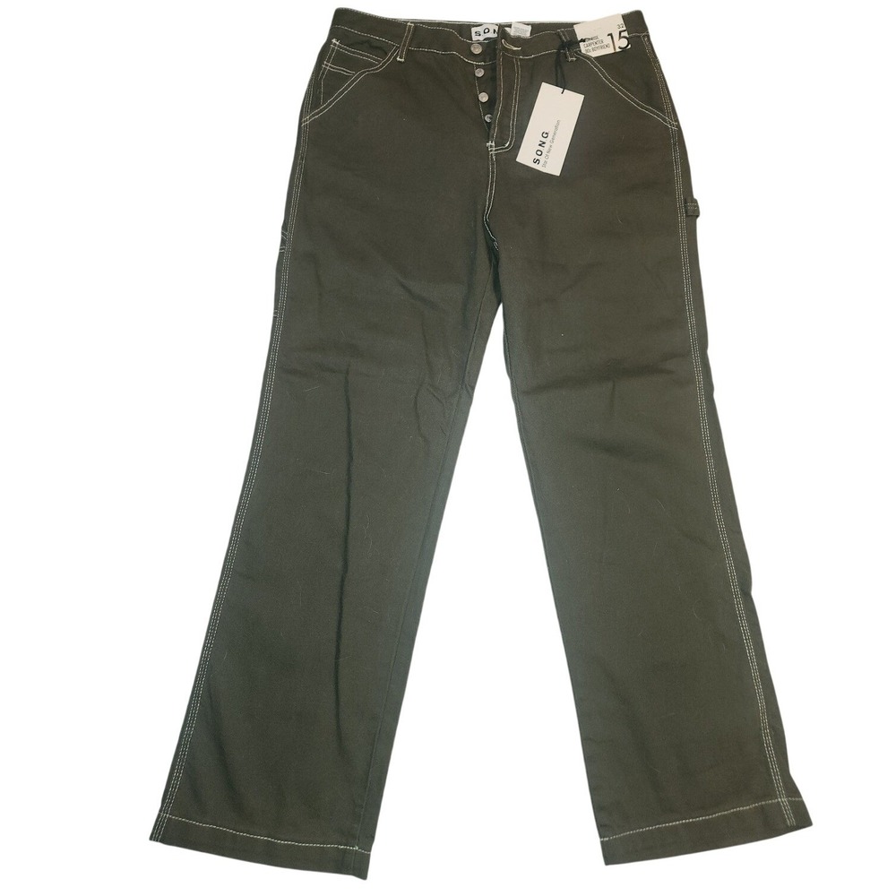 SONG High Rise‎ Carpenter 90s Boyfriend Jeans Olive Green Contrast Stitch 15/32